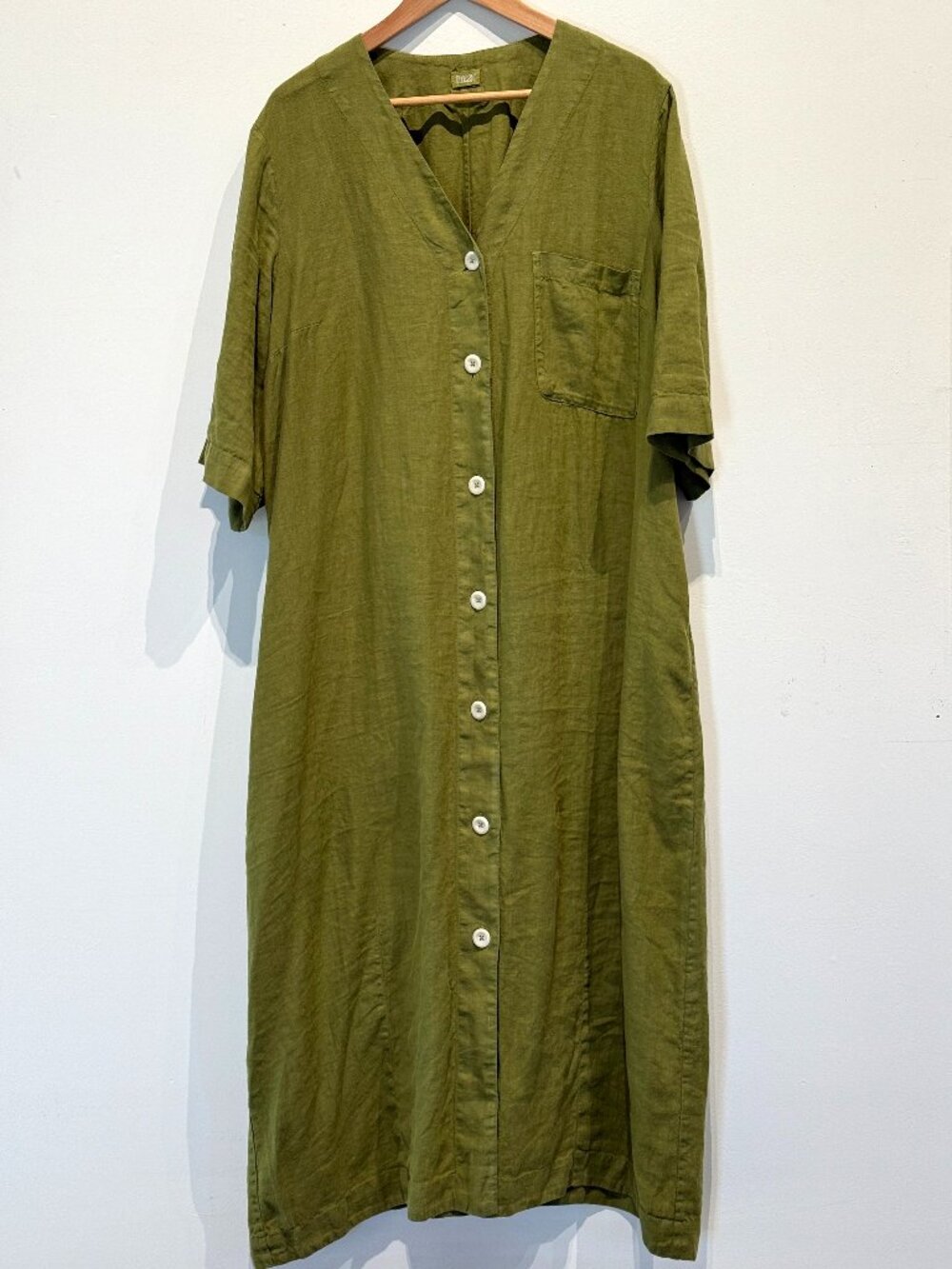 Toast Organic Linen Shirt Dress, Midi with Short Sleeves, Size XL, olive green